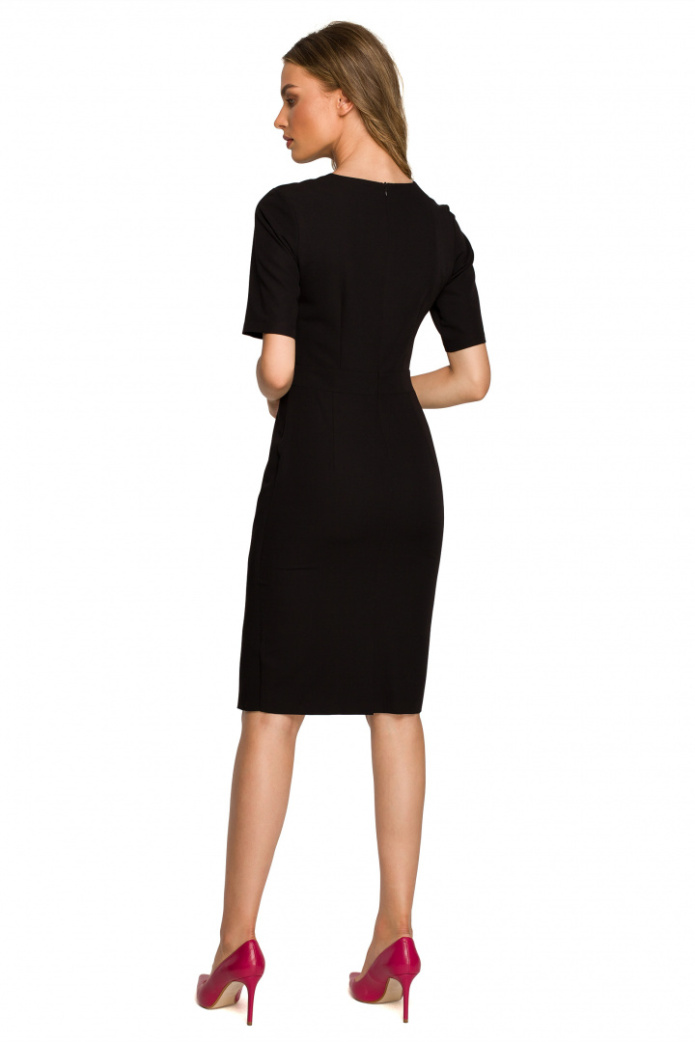 Sukienka ołówkowa midi spódnica na zakładkę krótki rękaw czarna